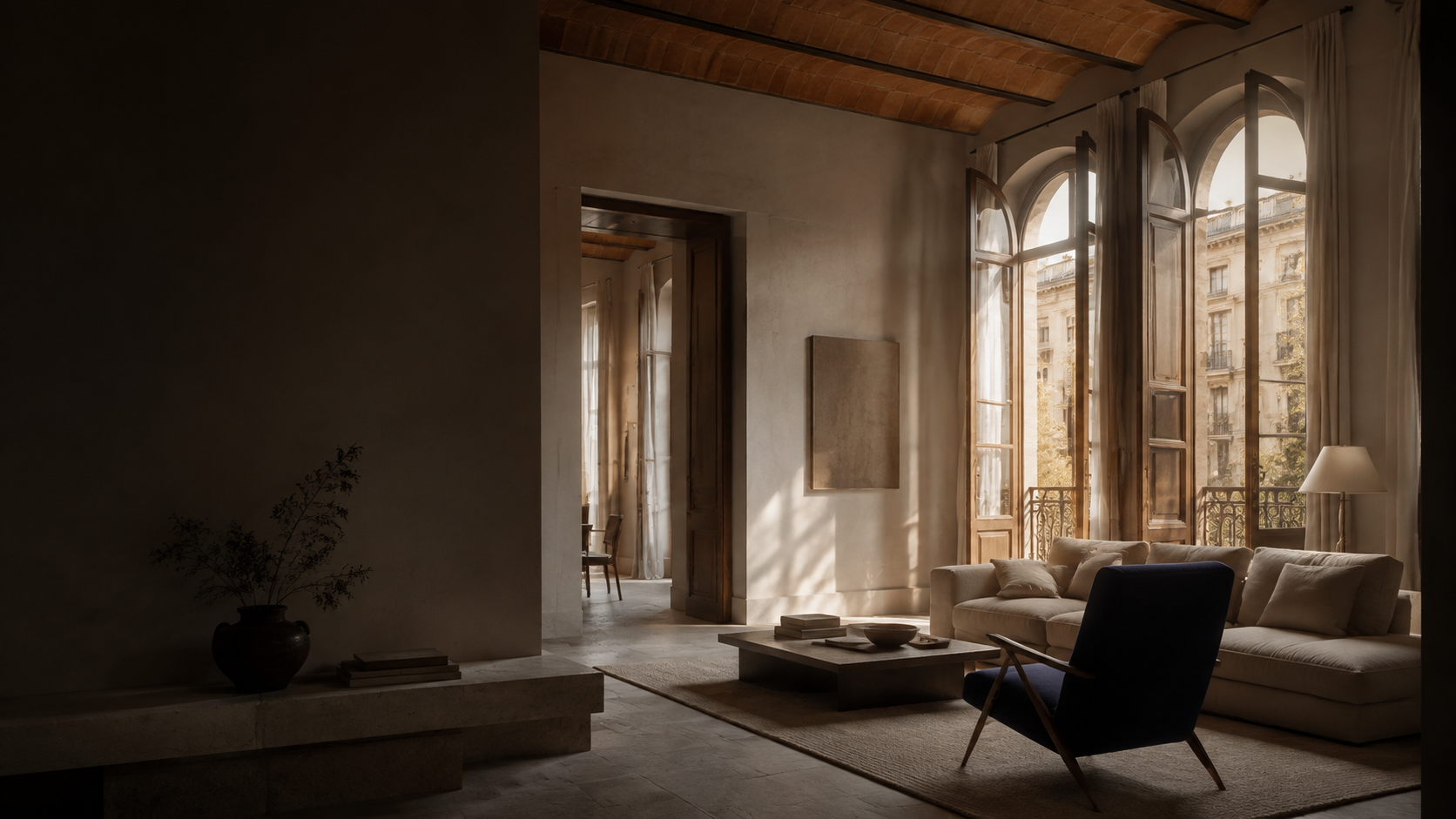 Interior arquitectónico editorial inspirado en Barcelona